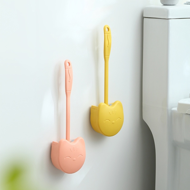 Household Silicone Toilet Brush With Base Cat Shape Plastic Hangable Silicone Head Long Handle Brush Toilet Artifact