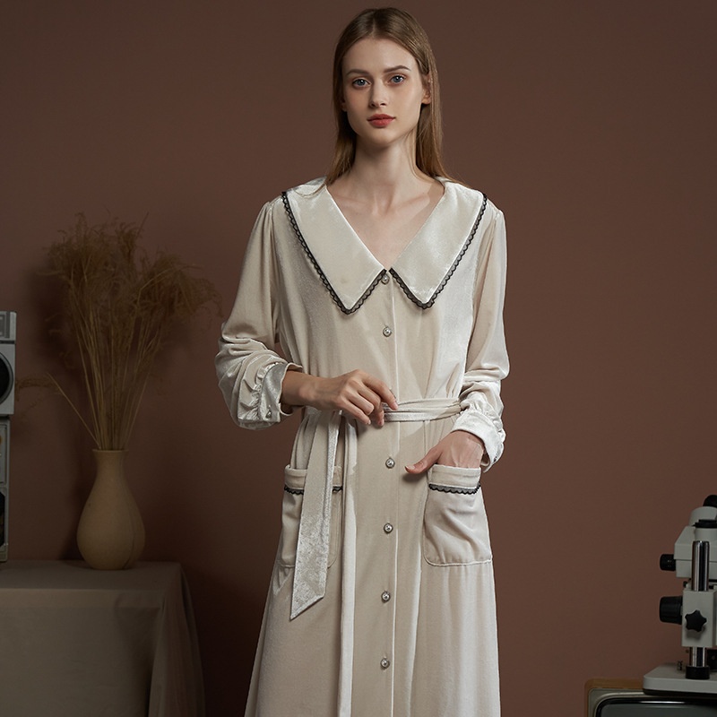 Long Over-the-knee Nightgown For Women Autumn And Winter Solid Color Korean Velvet Baby Collar Long-sleeved Tie Single-breasted Home Clothes Pajamas