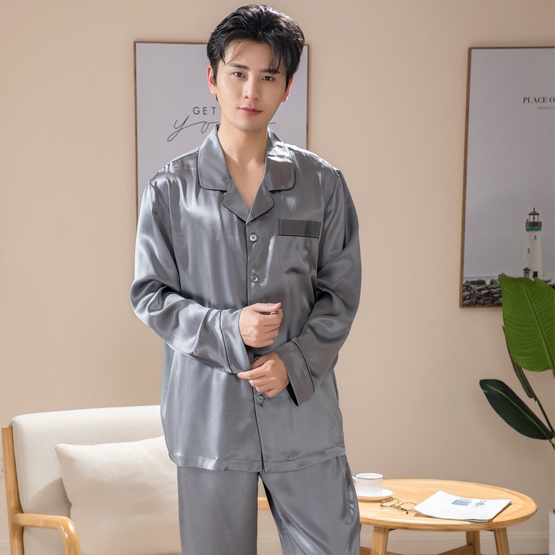 Spring And Summer Silk Pajamas Long Sleeve Trousers Two-piece Set Mulberry Silk Men's Net Color Home Wear