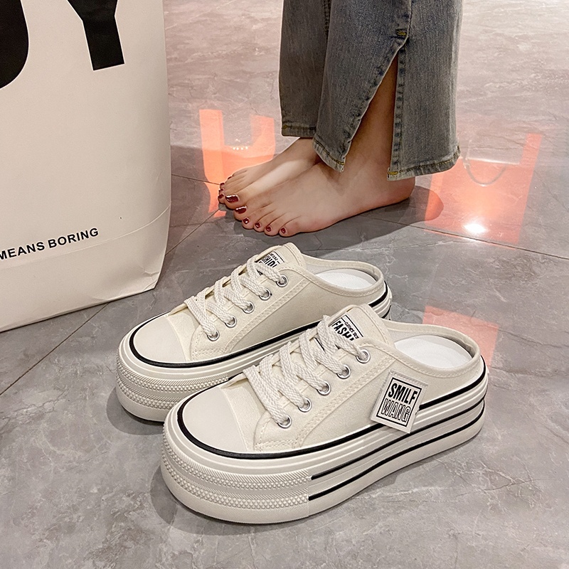 Canvas Half Slippers Women's Spring Outer Wear Internet Celebrity Hot High-grade Thick Bottom Increased Heel-free Lazy Man