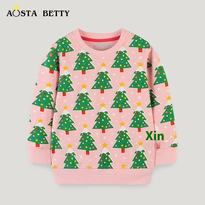 European And American Style Girls Round Neck Sweatshirt For Small And Medium Children Christmas Tree Print Long Sleeve Pullover Children's Stylish Tops Spring And Autumn
