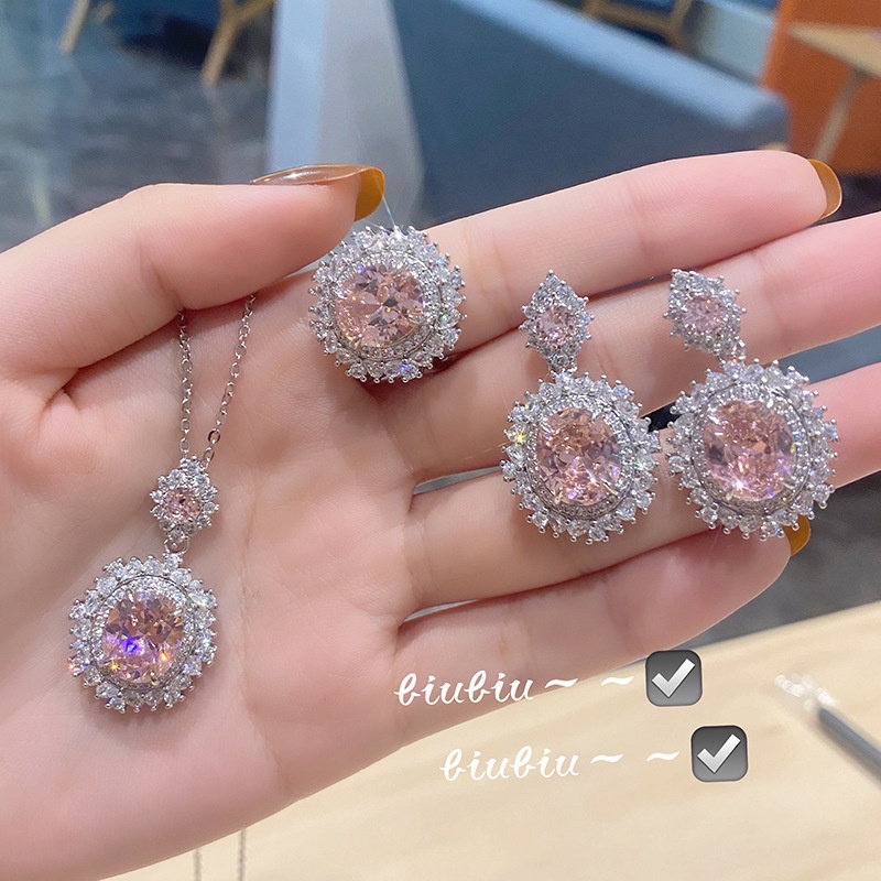 Creative Niche Elegant Pink Diamond Necklace Simple Personality Open Ring YZircon Earrings Jewelry