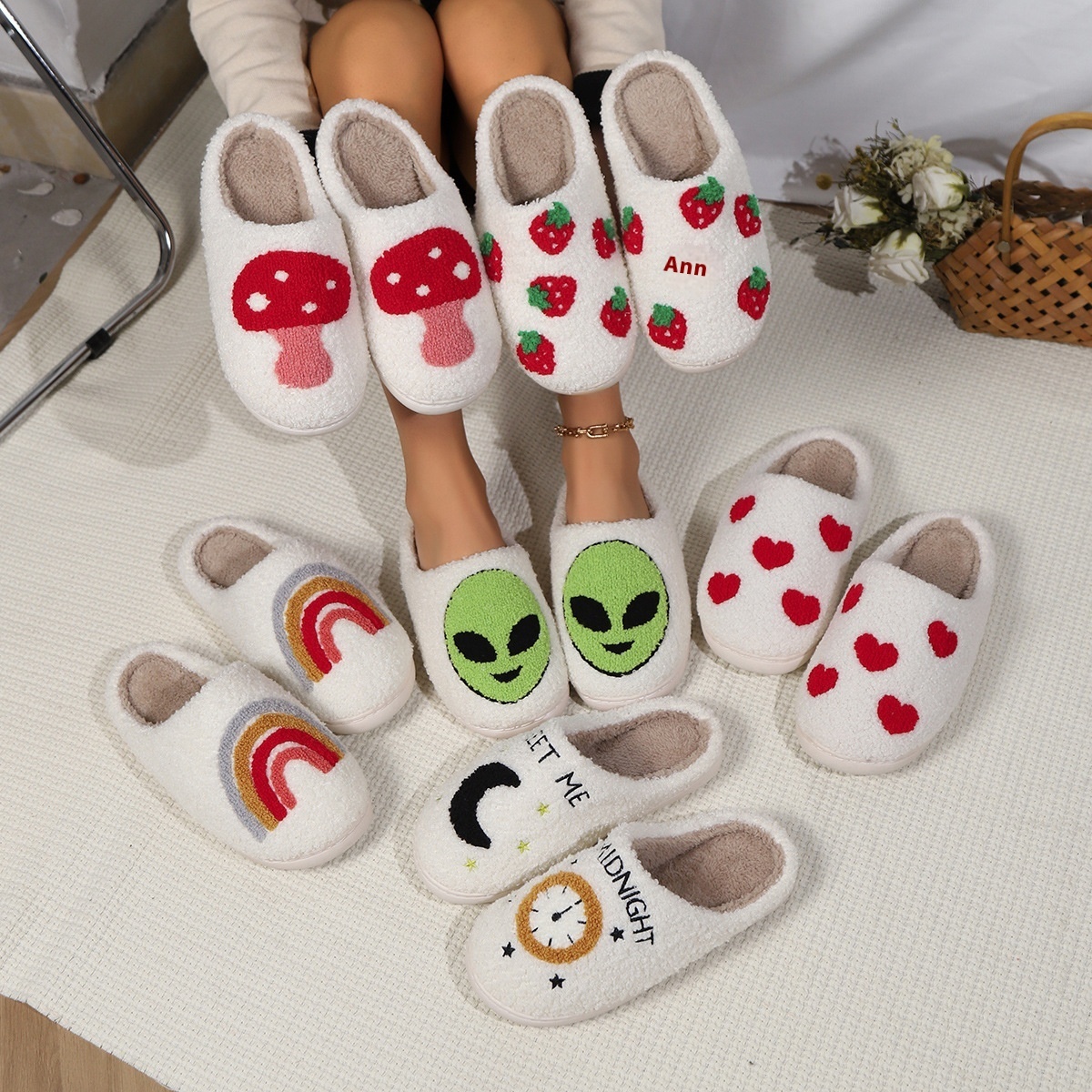 Foreign Trade Cartoon Strawberry Winter Warm Cotton Slippers Couple Home Indoor Plush Slippers