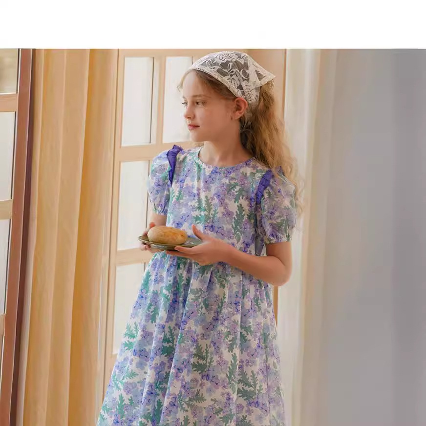 Girls Summer Dresses Summer Puff Sleeves Contrast Color Wood Ear Edge Sweet Large And Medium Children's Floral Skirt
