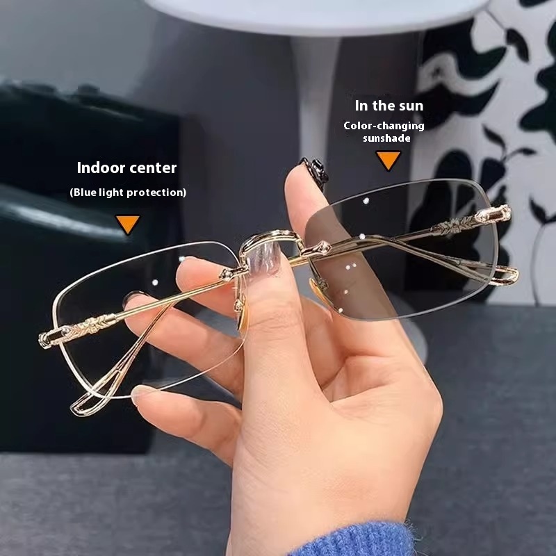 Frameless Photochromic Glasses For Ladies,Blue Light Protection,Pure Desire,Flat Glasses,Ready-made Myopia Glasses With Different Degrees