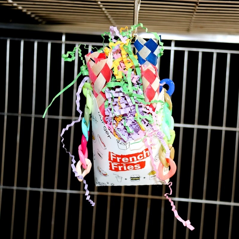 SBird Toys Chewing Small Backpack Imitation French Fries Bag Confetti Bird Cage Pendant