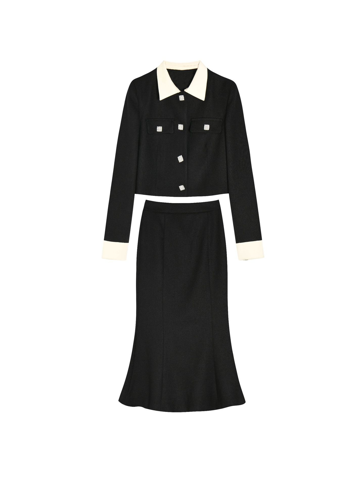 Tweed Suit Black Patchwork Jacket Fishtail Skirt Two-piece Suit