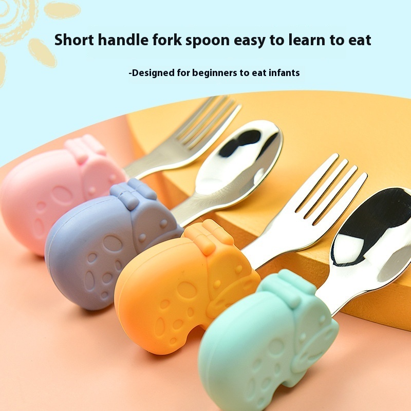 Hippo Baby Learning To Eat Training Fork Spoon Short Handle Stainless Steel Tableware Children Silicone Food Supplement Fork Spoon