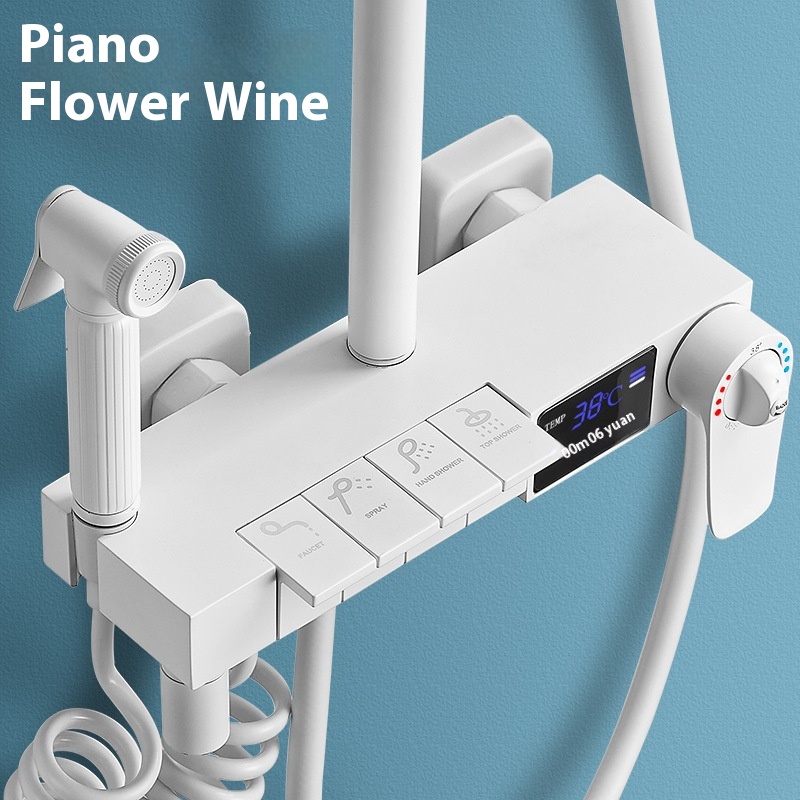 White Piano Button Digital Display Thermostatic Shower Head Set Booster Shower Head Household All-copper Water Mixing Valve