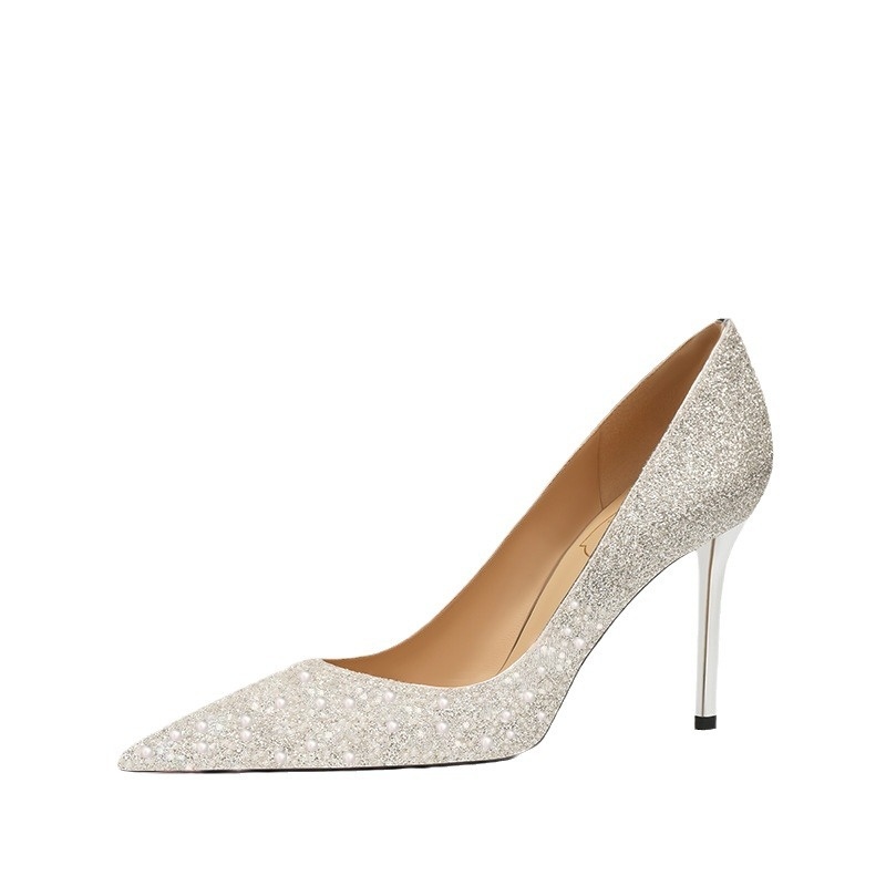 H708-55 Sheepskin Pearl White Wedding Shoes High-end Stiletto Bridal Shoes High Heels Two-wear Pointed Toe Single Shoes For Women - 5