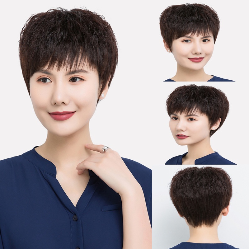 Middle-aged And Elderly Women's Short Curly Wigs Send Mother's Real Hair Headgear Fluffy Natural Ladies Full Headgear Style Real Hair