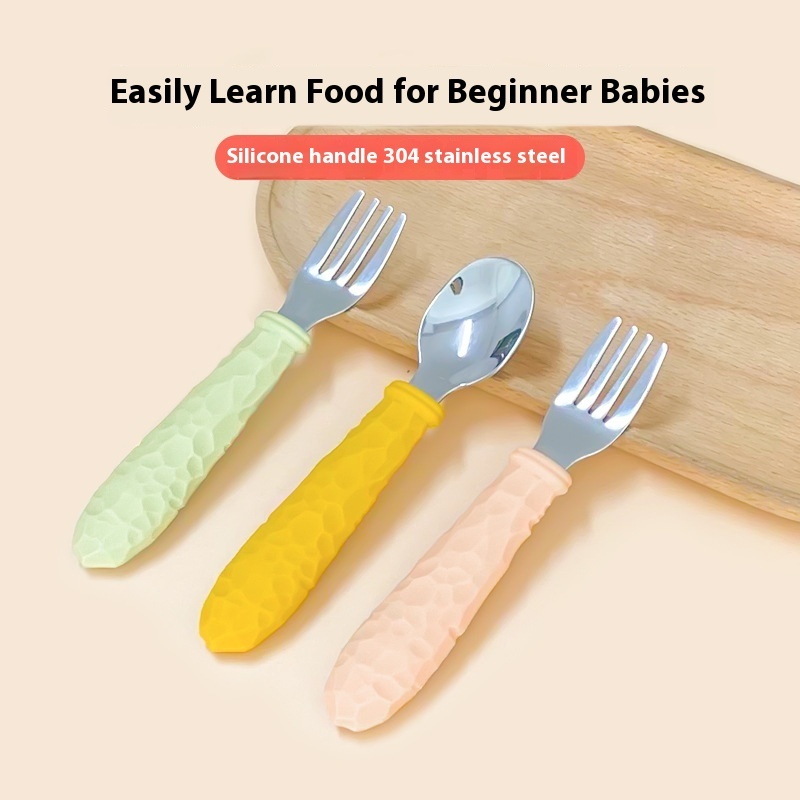 Baby Silicone Fork Spoon Meteorite Non-slip Portable Stainless Steel Spoon Children Training Food Spoon Feeding Tableware Silicone Spoon