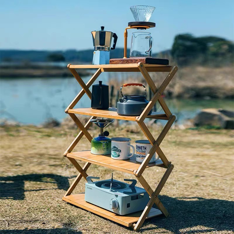 Outdoor Camping Portable Picnic Multi-layer Solid Wood Folding Shelving