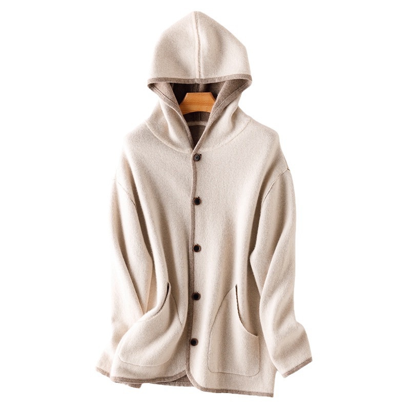 100% Pure Cashmere Sweater Women's Hooded Double-sided Contrast Color Autumn And Winter Zipper Lazy Style Loose Knitted Cape Coat Women