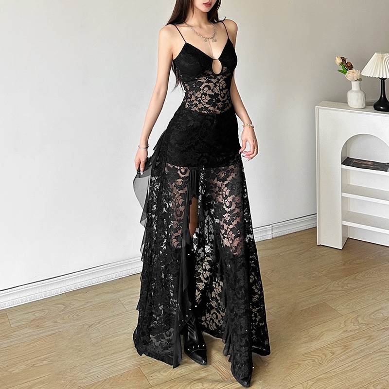 European And American Style Summer Women's Solid Color Slim-fit High Waist Fashion V-neck Strap Gauze Dress