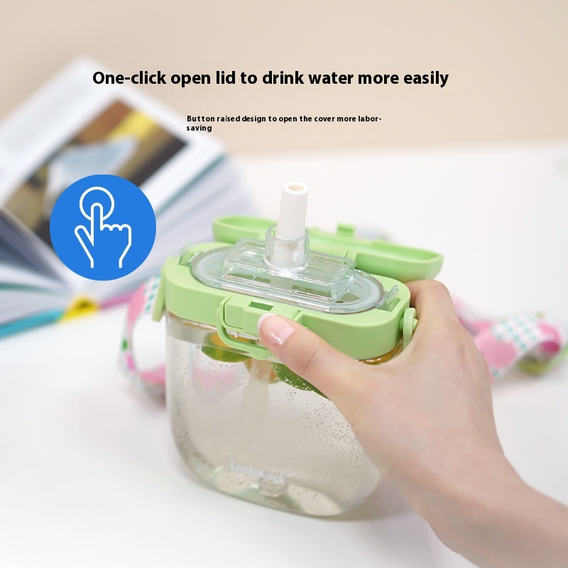 Lock&Lock High-value Student Straw Water Cup Bouncing Strap Portable Anti-fall Large-capacity Children's Plastic Cup