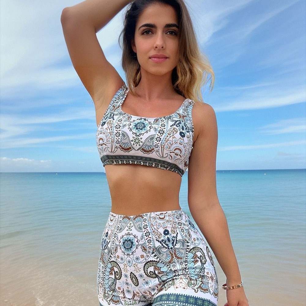 Printed Split Swimsuit Women's High Waist Boxers Beach Casual Bikini Swimsuit