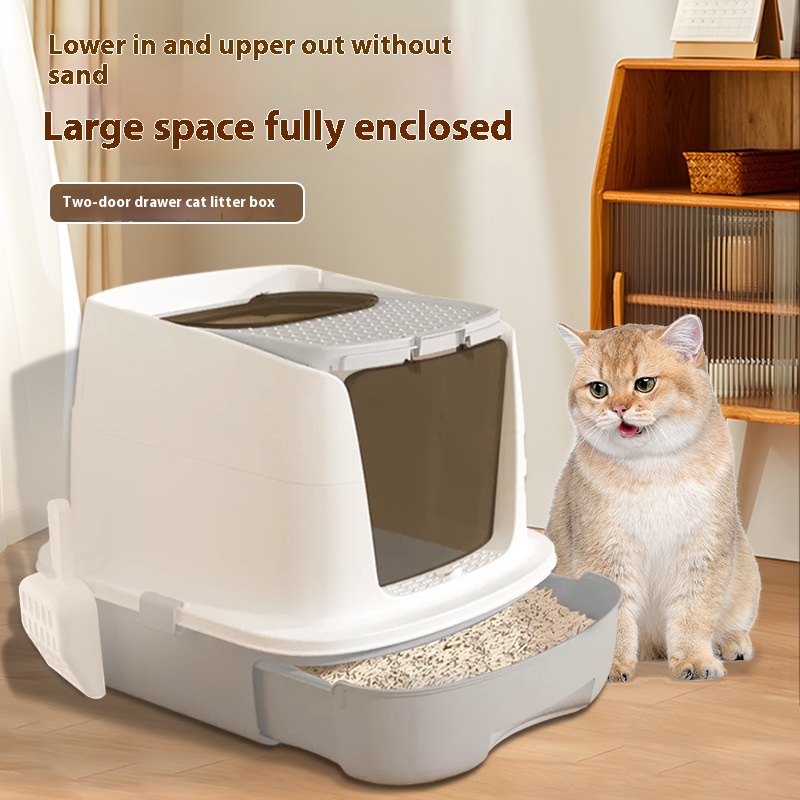 Cat Litter Box Odor-proof Fully Enclosed Oversized Cat Toilet Cat Litter Box Foldable Anti-splash Odor-proof Double Door