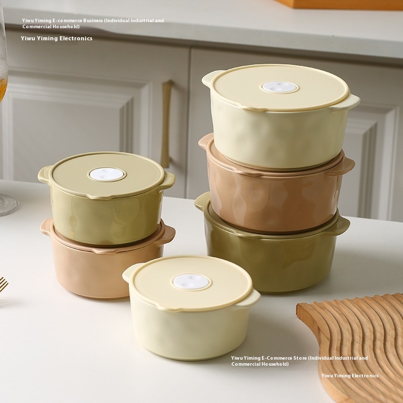 Fresh-keeping Bowl Ceramic Eating With Lid Microwave Heating Lunch Box Sealed Noodles Bowl Double-ear Soup Bowl Household Steamer Baking Bowl