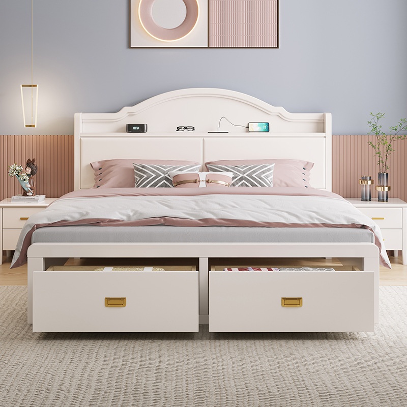 Solid Wood Hard Board Bed White Small Apartment1.8m Master Bedroom Double Bed Modern Simple Air Pressure Storage Drawer Storage Bed