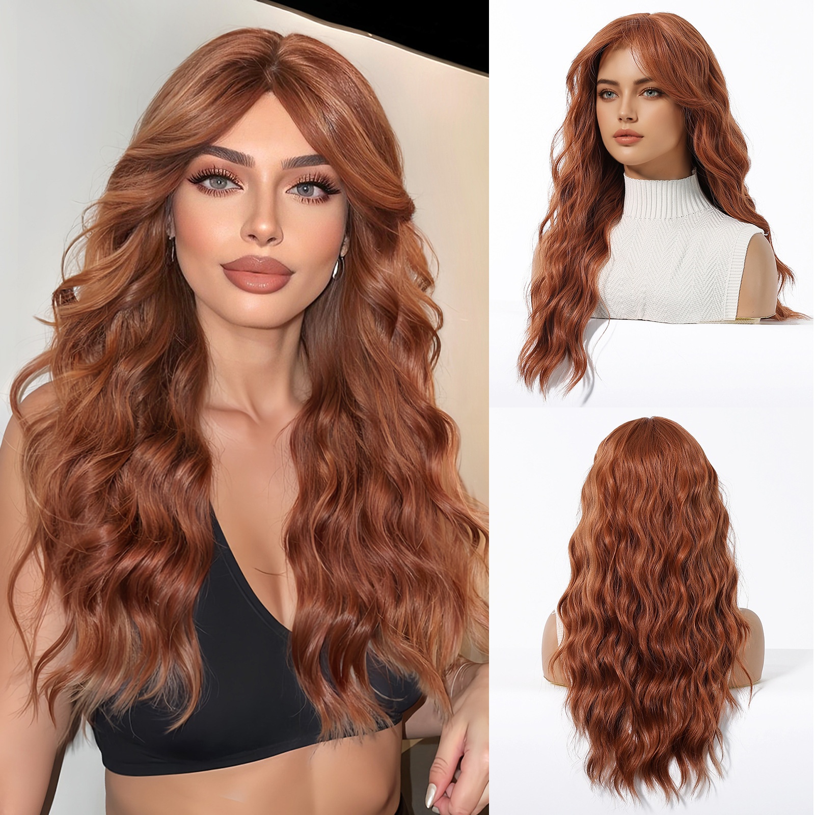 Europe And The United States Wig Women's Orange Long Curly Hair Big Waves Neat Bangs Simulation Breathable Full Head Cover S In Stock