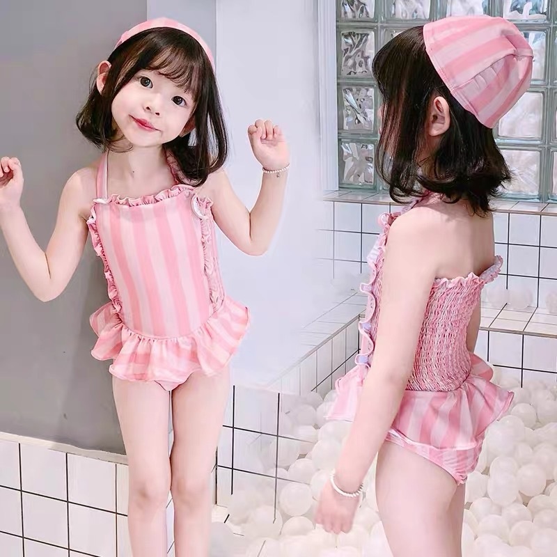 Girls Pink One-piece Sling Swimsuit Children's Ruffled Striped Swimsuit Girl Korean Version Swimsuit