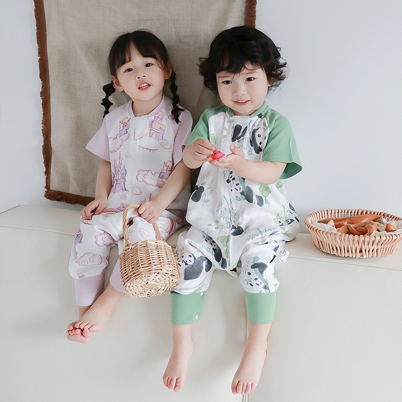 Baby Bamboo Cotton Gauze Sleeping Bag Baby Short-sleeved Home Clothes Children's Sleeping Anti-kicking Spring And Summer Thin Pajamas