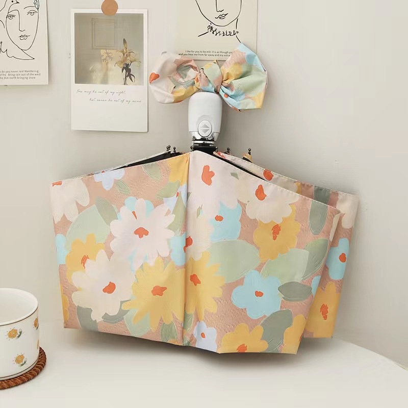 Japanese Style Three-fold Small Fresh Automatic Umbrella Small Daisy Bow Black Plastic Sunscreen Umbrella With Printed Advertising Umbrella