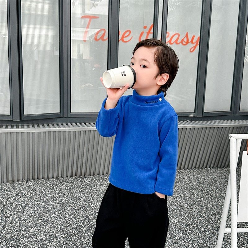 Children's Autumn And Winter Fleece Tops For Boys,Medium And High Collar Warm T-shirts For Girls,Double-sided Fleece Bottoming Shirts