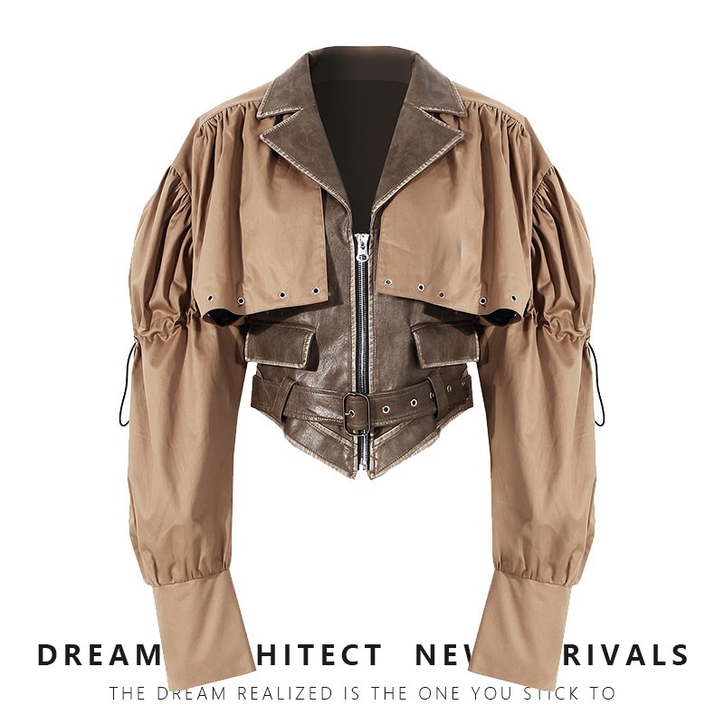 Niche Design Two-piece Jacket Spring Cloak Splicing PUHandsome Waist Jacket Tops For Women