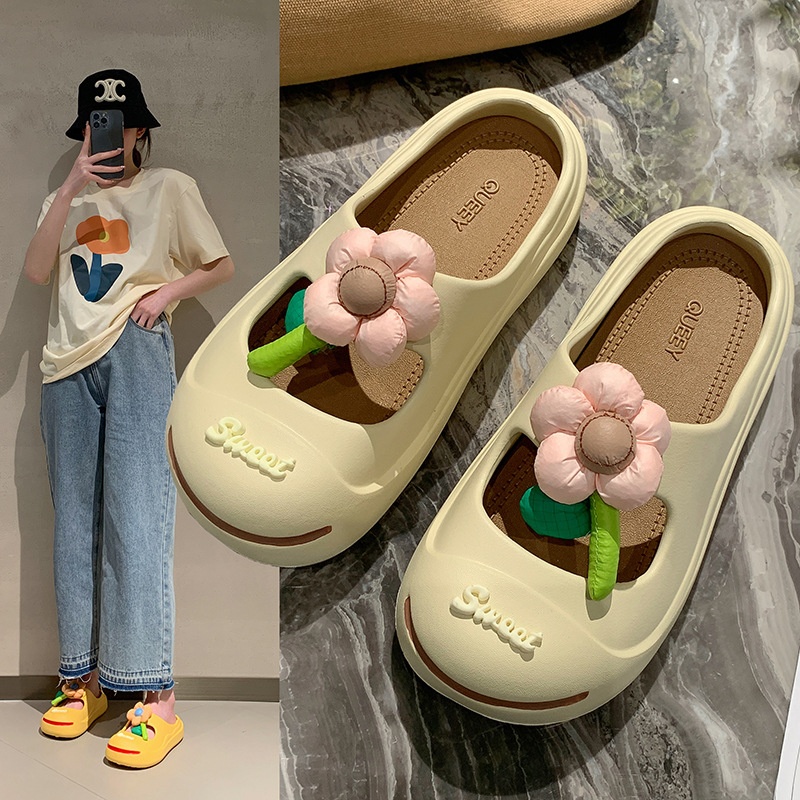 Baotou Hole Shoes With Flowers For Women,Summer Outdoor Wear,Style Cartoon Girls,Soft Bottom,Non-slip Indoor Lazy Sandals