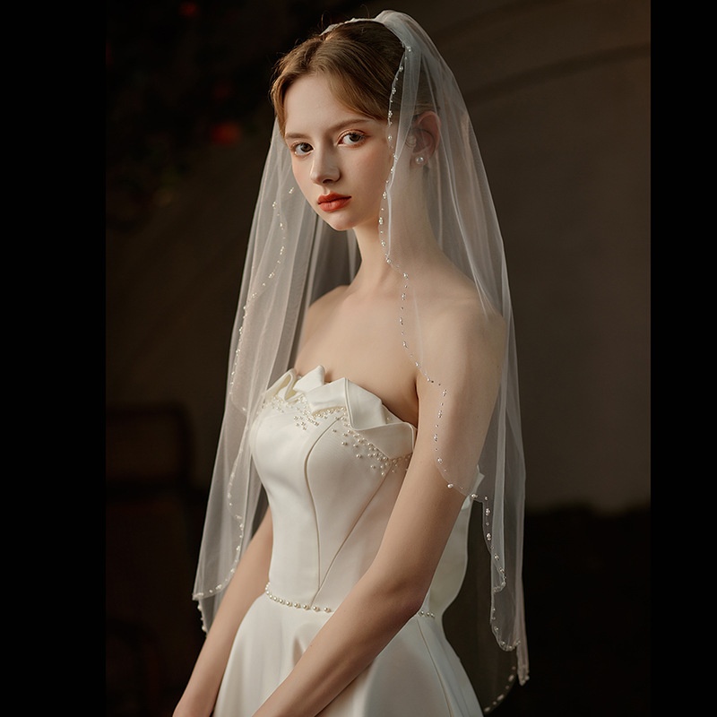 V737 Wave Edge Veil European And American Single Layer Handmade Beaded White Bride Wedding Studio Photo Headdress