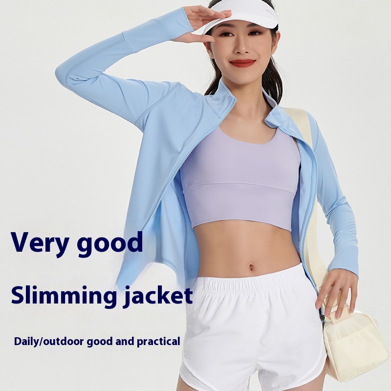 Girly-looking Fitness Sports Jacket For Outer Wear, Stand-up Collar, Waist-cinching, High-elasticity, Nude Feel, Skin-friendly Zipper, Long-sleeved Yoga Wear