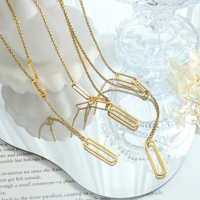 Simple And Cold Style Geometric Angular Rectangular Sweater Chain Necklace Long Style Multiple Wear Titanium Steel Female Jewelry