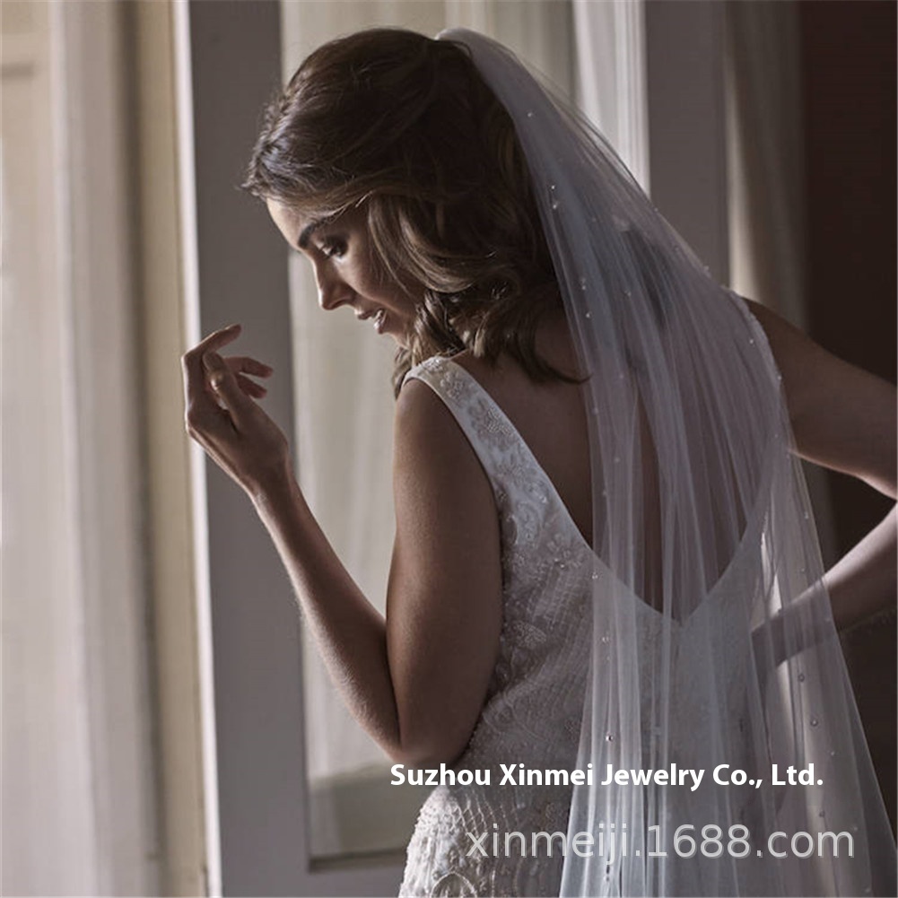 V033 European And American Pearl White Single Layer Long Church Wedding Hand Sewn Hair Comb Soft Yarn Bride Wedding Veil