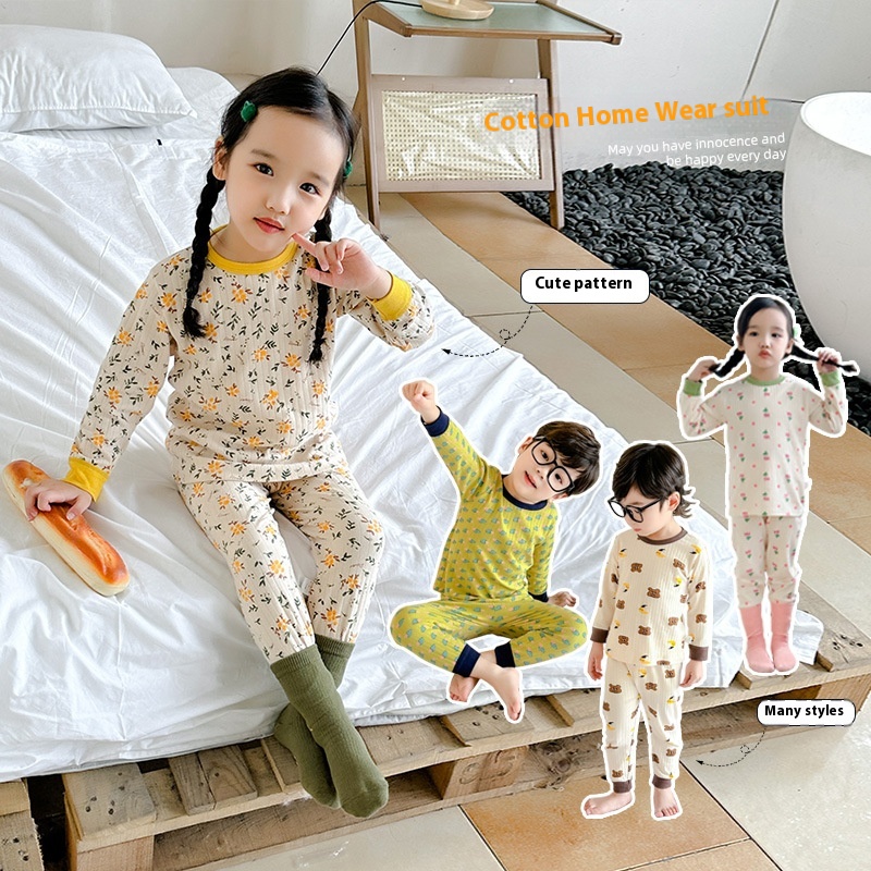 Children's Home Clothes Set Pure Cotton Girls'Cotton Pajamas Two-piece Set Boys'Baby Underwear Baby Autumn Clothes Autumn Trousers