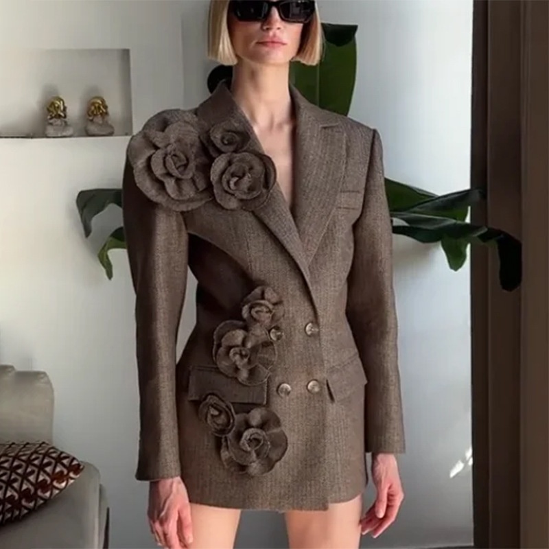 Autumn Temperament Commuter Style Handmade Three-dimensional Flower Decoration Stitching Double-breasted Women's Suit Jacket