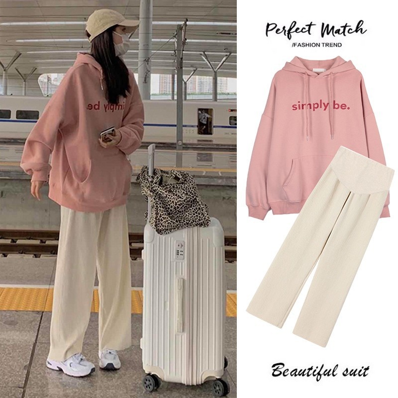 Thick Velvet And Warm Maternity Suit Spring And Autumn Fashionable Mom Loose Hooded Sweatshirt Sports Two-piece Set Autumn And Winter