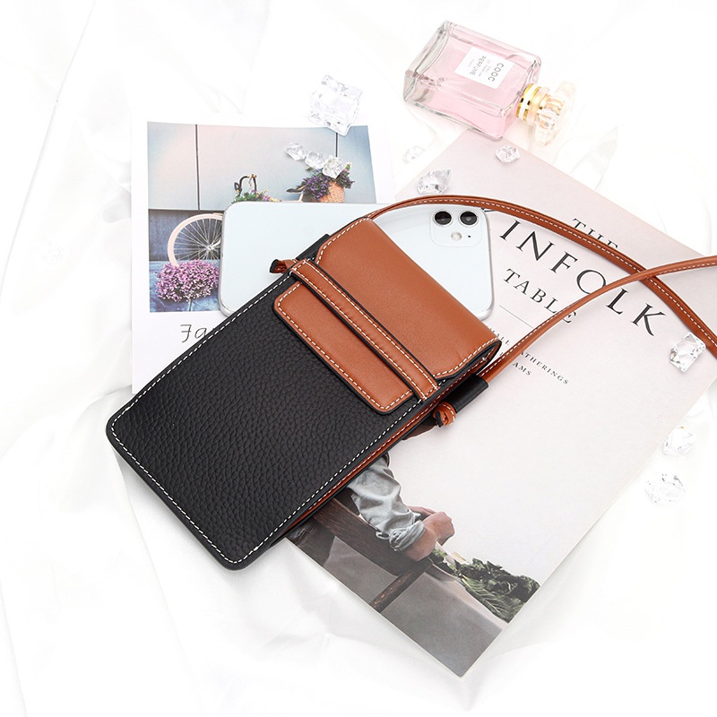 Mobile Phone Bag For Women Genuine Leather Vertical Cross-body Bag First Layer Cowhide Fashion Mobile Phone Bag Contrasting Color Single Shoulder Small Bag For Women