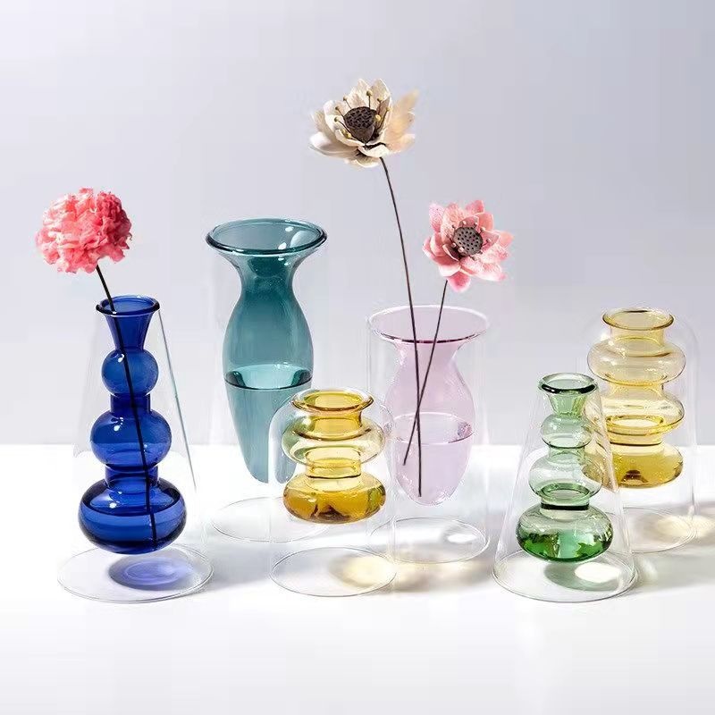 Colored Glass Vase Double Layer Nordic Fireless Rattan Aromatherapy Bottle High Borosilicate Ornaments Living Room Flower Arrangement Hydroponics