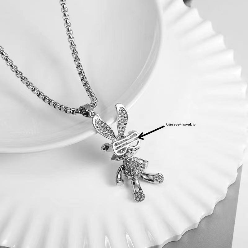 Fashion Cool Full Diamond Rabbit Necklace Women Simple Fashion Hip Hop Pendant Joker Long Sweater Chain S