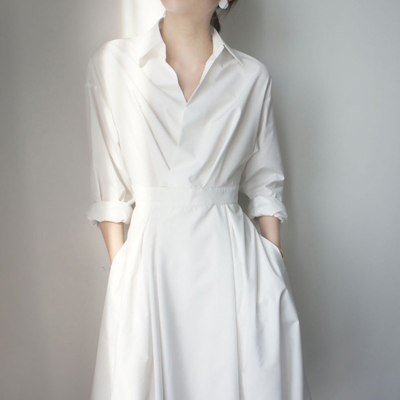 French Style White Mid-length Sleeve Shirt Dress