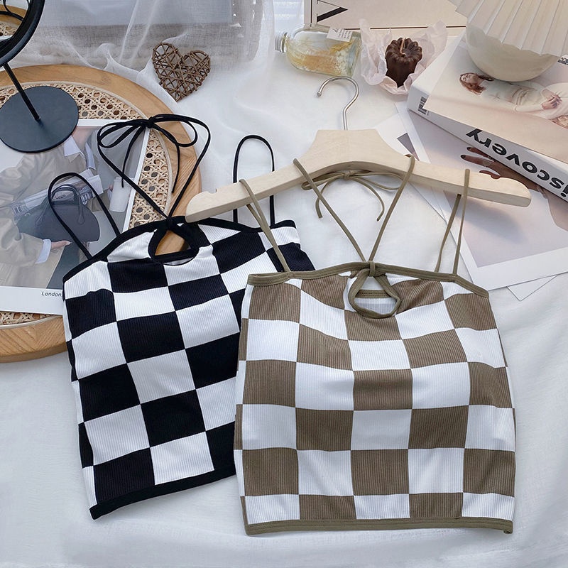 Checkerboard Beautiful Back Underwear Women's Chest Wrap Halter Neck Camisole One-piece Sports Tube Top Spaghetti Strap Bra