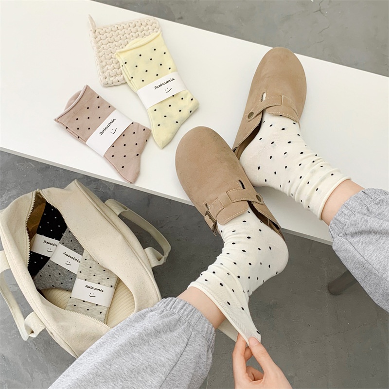 Korean Style Curled Hem Pile Socks For Women Small Dots Spring And Summer Sweat-absorbent Cream Curled Hem Dot Mid-tube Socks Confinement Socks