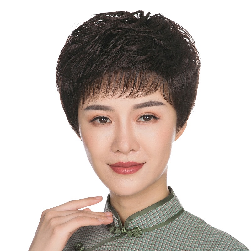 Middle-aged And Elderly Women's Short Hair, Real Hair, Round Face, Fashionable Short Curly Hair, Simulated Human Hair, Full Headgear Style For Mother