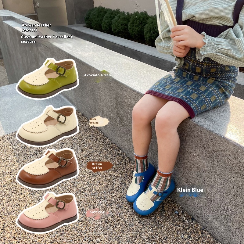 Spring Children's Leather Shoes Korean Version Of Color Matching Brogue Girls'Leather Shoes Soft Sole Kindergarten Shoes1611