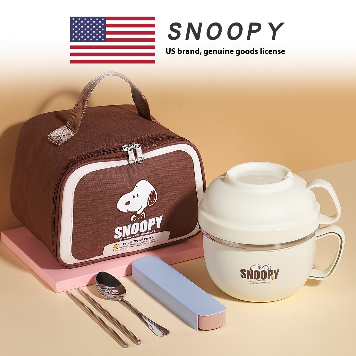 Snoopy Student Meal Cup Canteen Lunch Box Office Bento Box Japanese Style With Utensils Andulated Bag