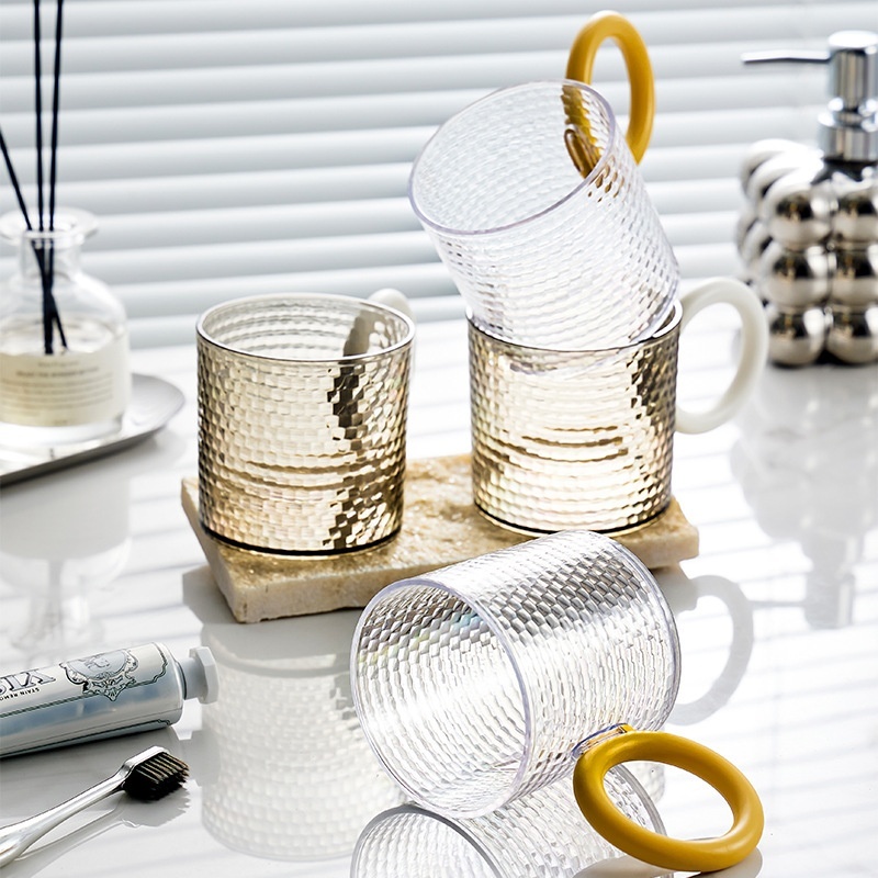Simple Diamond Pattern With Handle Bathroom Wash Cup Plastic Cup Transparent Toothbrush Cup Toothbrush Set Mouthwash Cup High Value