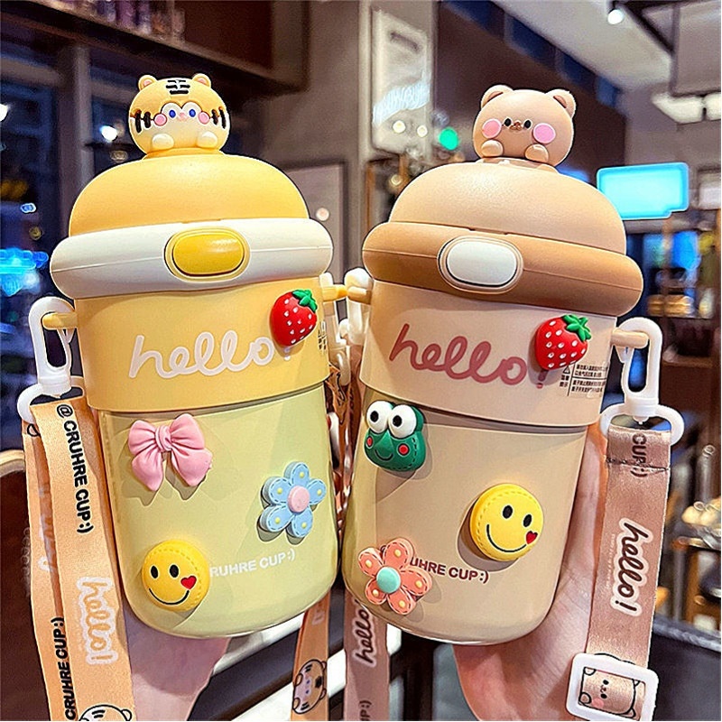 Online Red High-looking Cartoon Strap Water Cup Girl Large Capacity Cute Straw Cup Student Portable Glass