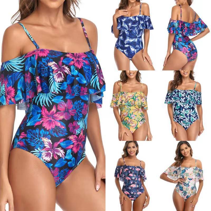 European And American European And American One-piece Triangle One-shoulder Digital Printing Conservative Style Swimsuit Women